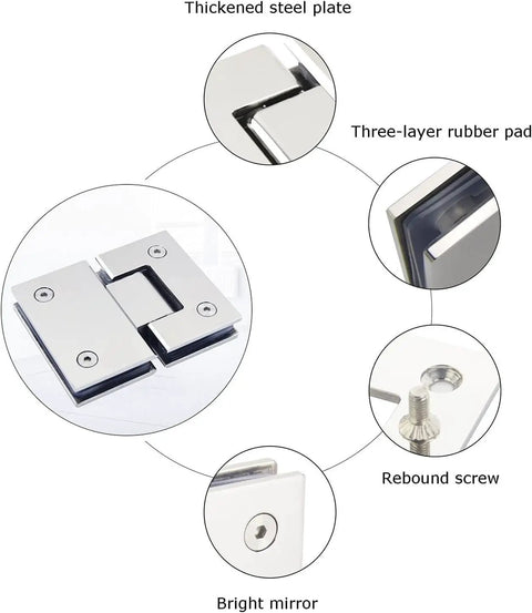 Rock Solid 180 Degree 304 Stainless Steel Glass Door Hinges Two Pack showing thickened plate, rubber pad, and rebound screw.