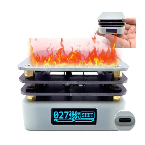 65W Mini Hot Plate Soldering Station for SMD Preheating and Rework Desoldering Heating Plate with visible flames and compact design