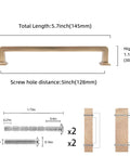 Diagram showing Champagne Bronze Cabinet Handles Set of 10, 5 Inch (128mm) Drawer Pulls, dimensions, and screw installation details.