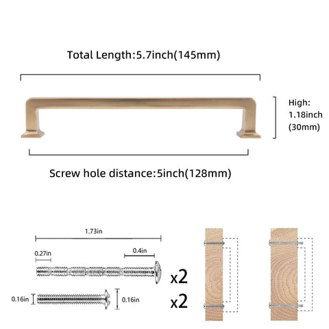 Diagram showing Champagne Bronze Cabinet Handles Set of 10, 5 Inch (128mm) Drawer Pulls, dimensions, and screw installation details.