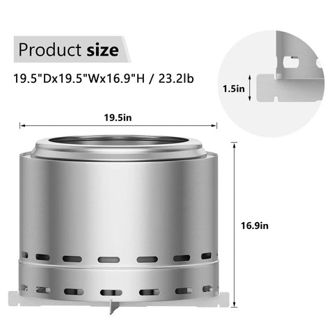 Smokeless Fire Pit For Outdoor Wood Burning With Dual Air Intake Holes, Portable Camping And Patio Fire Pit, showing dimensions and silver finish.