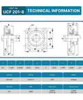 Technical drawing of Rugged Pillow Block Bearing Set Pack Of Four With Square Flange Mounts Self Aligning Chrome Steel Bearings Half Inch Bore UCF201 8 Style Heavy Duty Industrial Grade Bearings For Machinery