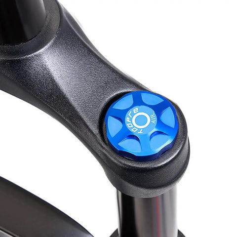 Close-up of blue Front Fork Cap Suspension Cover For Mountain Bikes Aluminum Alloy Air Chamber Guard