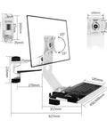 Rock Solid Full Motion Wall Mount Workstation With Adjustable Standing Desk System And Epic Ergonomic Monitor Arm With Keyboard Tray For Savage Home Office Setup Pure Fire shows monitor arm measurements and keyboard tray design.