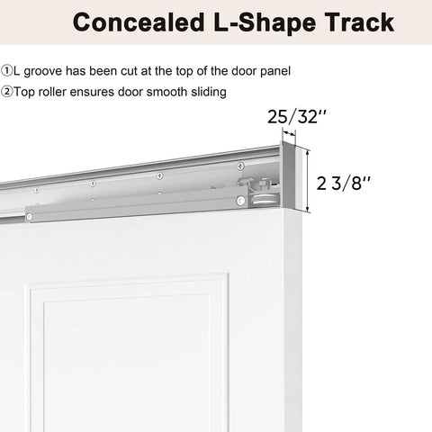 Concealed L-Shape track for 36 By 84 Concealed Sliding Barn Door With Super Slick Glide And Soft Close Hardware, details included.