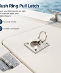 Stainless Steel 316 flush ring pull latch on a boat hatch, marine hardware for yacht drawers, 2 Pack Flush Ring Pulls For Boat Hatches And Marine Doors.