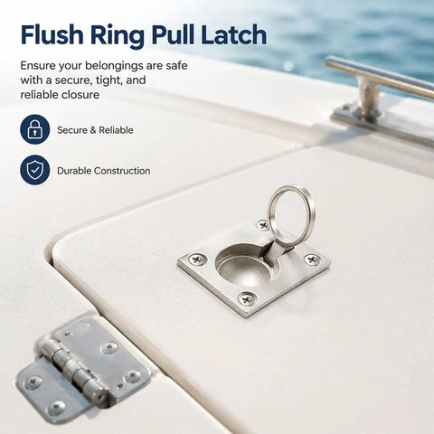 Stainless Steel 316 flush ring pull latch on a boat hatch, marine hardware for yacht drawers, 2 Pack Flush Ring Pulls For Boat Hatches And Marine Doors.