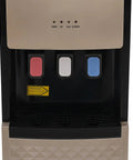 Close-up of Bottom-Load Water Cooler Dispenser with hot, cold, room temperature outlets, champagne gold finish.