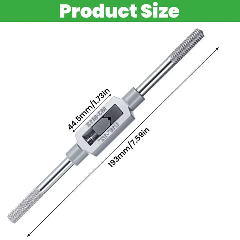 Adjustable Tap Wrench Handle For 3mm To 12mm Tap Sizes, 7.6 Inch Length, shown with dimensions and ergonomic grip