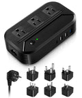 Plug And Play US To Europe Voltage Converter With 4 USB Ports And 3 AC Outlets, shown with multiple travel adapter plugs