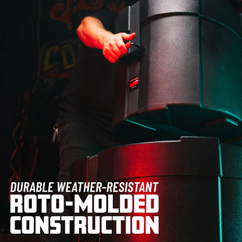 Person using Four Piece Rock Style Drum Case Set Built Like A Tank With Durable Roto Molded Body And Heavy Duty Cinch Straps featuring tough construction.