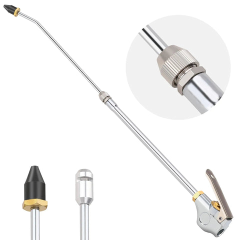 High Flow Industrial Air Blow Gun with 24 Inch Extensible Nozzle and attachments, used for dust, debris, and powder blasting