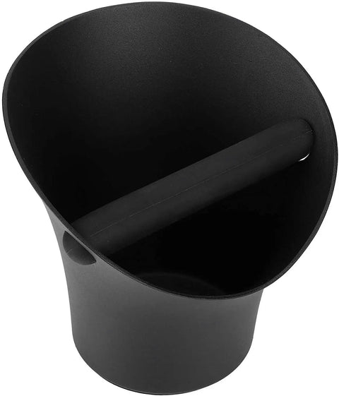 Built Tough Stainless Steel Coffee Knock Box With Non Slip Base And Deep Flared Opening Heavy Duty Espresso Percussion Bin. Black design.