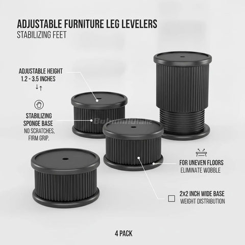 Level Up Your Furniture With Adjustable Leg Levelers And Sponge Base Stabilizers For Uneven Floors A 4 Pack To Keep Desks Tables And Cabinets Solid On Dips And Slopes, adjustable height 1.2-3.5 inches, stabilizing feet.