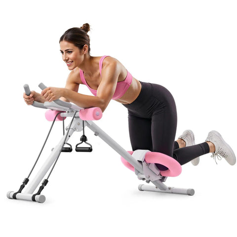 Your New Home Gym Essential With This Adjustable Ab Trainer Engineered For Rapid Belly Fat Burn And Rock Hard Core Gains Featuring Padded Knee Support Foldable Design For Quick Storage In Bright Pink in use.