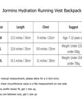 Size chart for Trail Running Hydration Pack With Phone Holder Reflective Trek Vest For Teens showing M, L, XL dimensions and weight suggestions.
