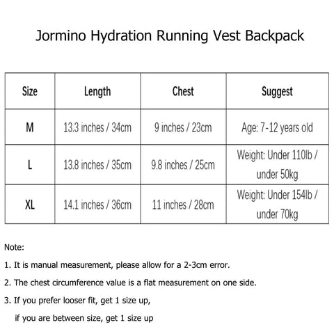 Size chart for Trail Running Hydration Pack With Phone Holder Reflective Trek Vest For Teens showing M, L, XL dimensions and weight suggestions.