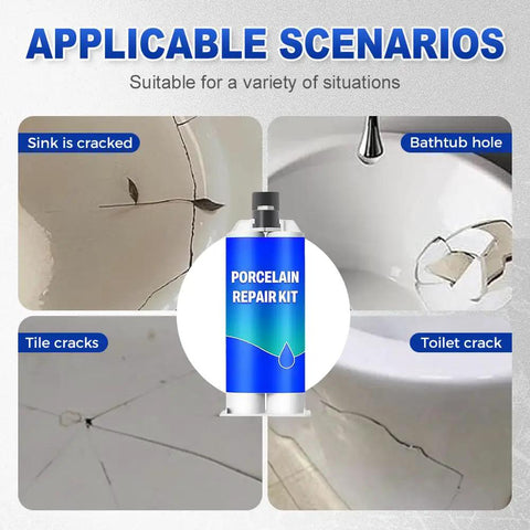 All In One Tile And Stone Crack Repair Kit For Ceramic And Porcelain Floors Fix Chips Cracks And Holes With Easy No Mess DIY Color Match White So You Patch Like A Pro shown with examples of sink, bathtub, tile, and toilet crack repairs