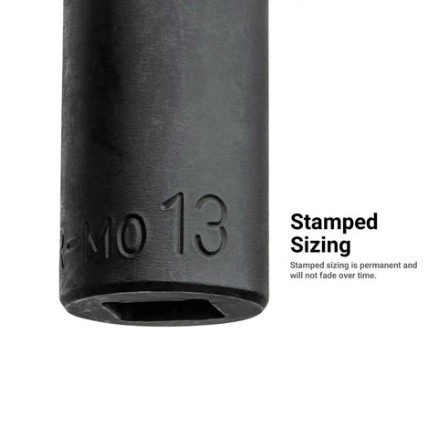 Close-up of 3/8 Inch Drive Semi Deep Impact Socket, showing stamped size 13 mm on durable heat-treated chrome molybdenum steel.