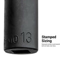 Close-up of 13 mm socket with stamped sizing detail from Three Eighth Inch Drive Shallow Semi Deep And Deep Impact Socket Set Metric Eight To Twenty Two Millimeter 45 Piece Premium Chrome Molybdenum Steel Coated For High Torque Power Tool Jobs.