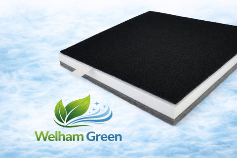 Close-up of the Three In One Replacement Filter For Oregon Scientific CF8410 Air Purifier Pro Grade True HEPA on clouds background.