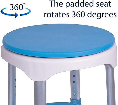 Compact Shower Stool With 360 Degree Rotating Padded Seat Non Slip Bath Bench with blue padded seat detail