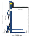 Manual Pallet Stacker 2200 Lbs Capacity Hand Pallet Forklift With 63 Inch Lift Height side view showing dimensions
