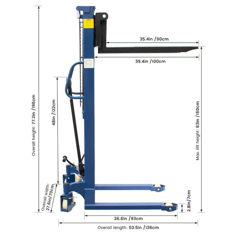 Manual Pallet Stacker 2200 Lbs Capacity Hand Pallet Forklift With 63 Inch Lift Height side view showing dimensions