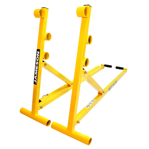 Beefed-Up Heavy Duty Portable Reel Buck With Adjustable Steel Cable Reel Stand, 1000 Lb Capacity, yellow frame, side view