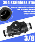 Three Eighths Inch Push To Connect Pneumatic Valve With Ball Valve, 304 Stainless Steel Claw Highlighted