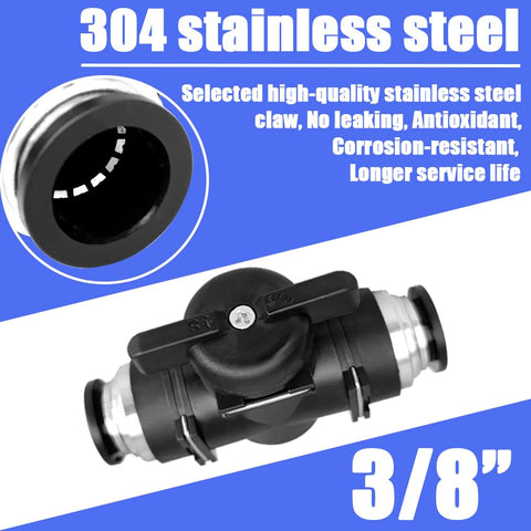 Three Eighths Inch Push To Connect Pneumatic Valve With Ball Valve, 304 Stainless Steel Claw Highlighted