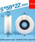 Grab This 10pc Set Of U Groove Plastic Coated Bearing 6202RS Pulley With POM Nylon Wrapped Design For Serious Rust Resistance And Low Maintenance Performance That Keeps Your Gear Running Smooth Without Any Grease Jobs Or Frequent Service Hazzles showing measurements of double groove bearing, 15x59x22 mm, white plastic material.