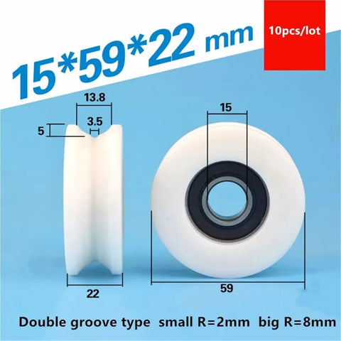 Grab This 10pc Set Of U Groove Plastic Coated Bearing 6202RS Pulley With POM Nylon Wrapped Design For Serious Rust Resistance And Low Maintenance Performance That Keeps Your Gear Running Smooth Without Any Grease Jobs Or Frequent Service Hazzles showing measurements of double groove bearing, 15x59x22 mm, white plastic material.