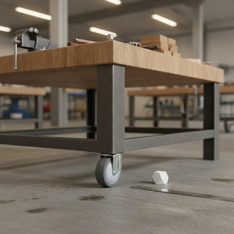 Heavy Duty TPR Plate Caster Wheel for Workspaces and Garages on metal table, smooth rolling, nonmarking floor friendly
