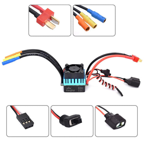 Beefy 3650 5200KV Sensorless Brushless Motor with 60A ESC showing wires and connectors for 1/10 RC cars