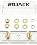 Heavy Duty ANL Fuse Holder Kit Paired With Pro Grade 40 Amp Gold Plated Fuses Engineered For 0 2 4 8 Gauge AWG Car Audio Mods And Rock Solid Underhood Circuit Protection Packs Of Two with clear plastic body and gold connectors.