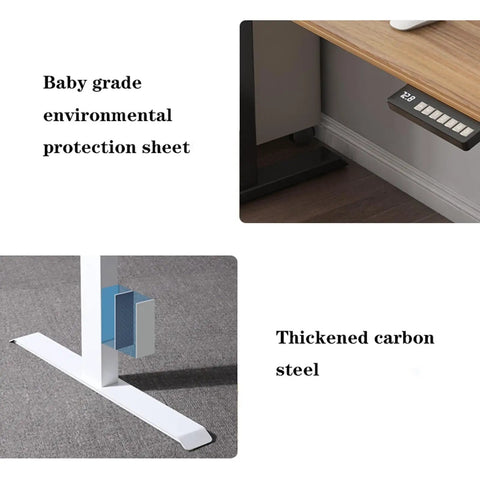 Rockin Adjustable Standing Computer Desk For Modern Home Office Or Study With Smart Height Control T-Shaped Frame showing sturdy carbon steel and eco-friendly materials.