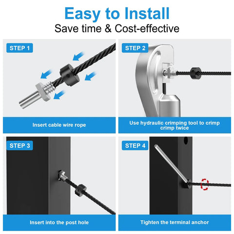 Four-step installation of One Eighth Inch Cable Railing End Fittings Kit 316 Stainless Steel Anchor Terminals For Metal Posts
