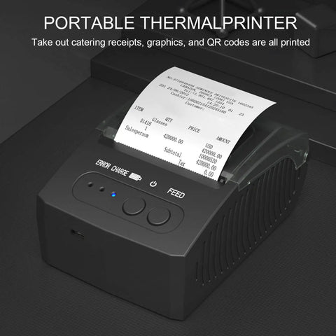 Portable Thermal Printer printing receipt, showcasing Bluetooth connectivity features for Android and iOS, in a small office setting.