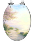 Resin Toilet Seat Elongated for Bathroom with scenic nature design, measures 14.5" x 18.5", ideal for standard toilets.
