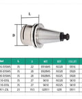 Heavy Duty Stainless Steel CNC Collet Chuck Set Featuring Iso And Er Clamping Options, detailed dimensions and specifications for precision machining.