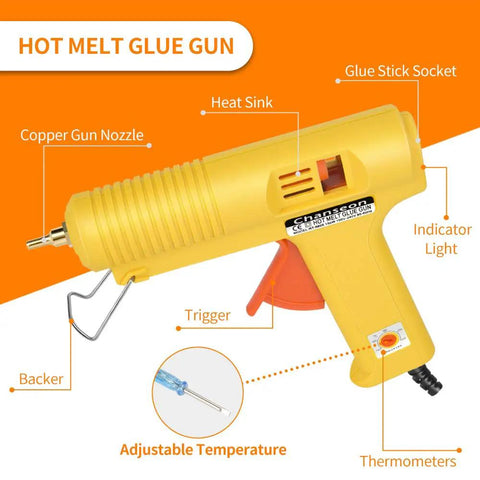 Industrial 150 Watt Hot Melt Glue Gun With US Plug Adjustable Temperature, showing copper nozzles, heat sink, trigger.