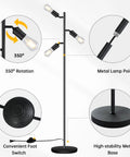 Industrial Floor Lamp With Three Adjustable Rotating Arms, Tree Style Standing Light, Black Finish, focusing on adjustable arms and base.