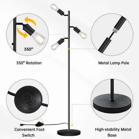 Industrial Floor Lamp With Three Adjustable Rotating Arms, Tree Style Standing Light, Black Finish, focusing on adjustable arms and base.