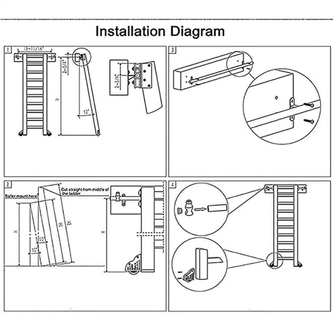 Installation diagram for Rolling Library Ladder Rail Kit With Sliding Hardware For Home, Loft, Garage And Closet, Black Round Tube Track System