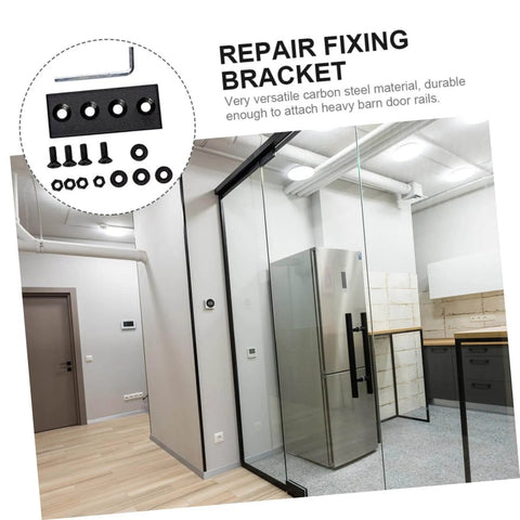 Track Splicing Connector For Barn Door Track With Flat Bracket No Fuss Smooth Operation Hardware Heavy Duty Barn Door Connector Set Mending Plate And Bracket For Seamless Rail Joining And Easy Install displayed next to a modern interior with barn door rails.