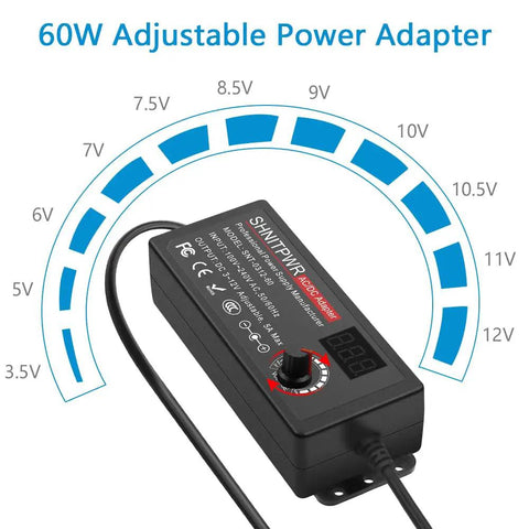 All Purpose 60W Adjustable DC Power Supply For Electronics with voltage dial, showing 3-12V output and 5A current