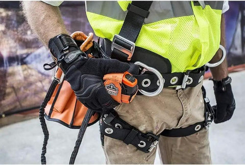 Construction worker using Tool Lanyards 10 Pack Safety Tool Leash With Retractable Bungee Cord Aluminum Lock Carabiner And Adjustable Loop