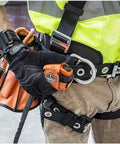 Worker using heavy duty tool lanyards 20 pack safety leashes with retractable bungee cord aluminum lock carabiner on tool belt.