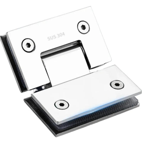 Heavy Duty Rock Solid 90 And 180 Degree Glass Bracket Clamp Shower Door Hinge Built Damn Tough With Premium 304 Stainless Steel Frameless Bathroom Hardware Replacement In Classic Gold - close-up view of hinge.